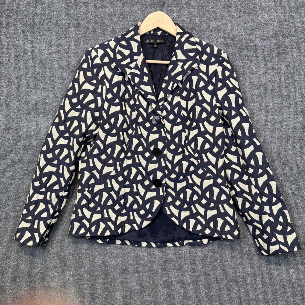 Lafayette 148 New York Size 12 Blazer Jacket White Navy Geometric Career Office